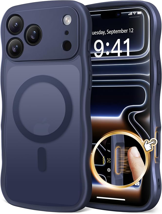 CAPRARO Magnetic for iPhone 17 Pro Case for Women Girls, Upgraded [Full Camera Protection] [Compatible with MagSafe] Cute Wave Translucent Matte Phone Case for iPhone 17 Pro, Dark Blue