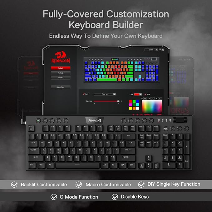 Redragon K619 Horus RGB Mechanical Keyboard, Ultra-Thin Designed Wired Gaming Keyboard w/Low Profile Keycaps, Dedicated Media Control & Linear Red Switch, Pro Software Supported