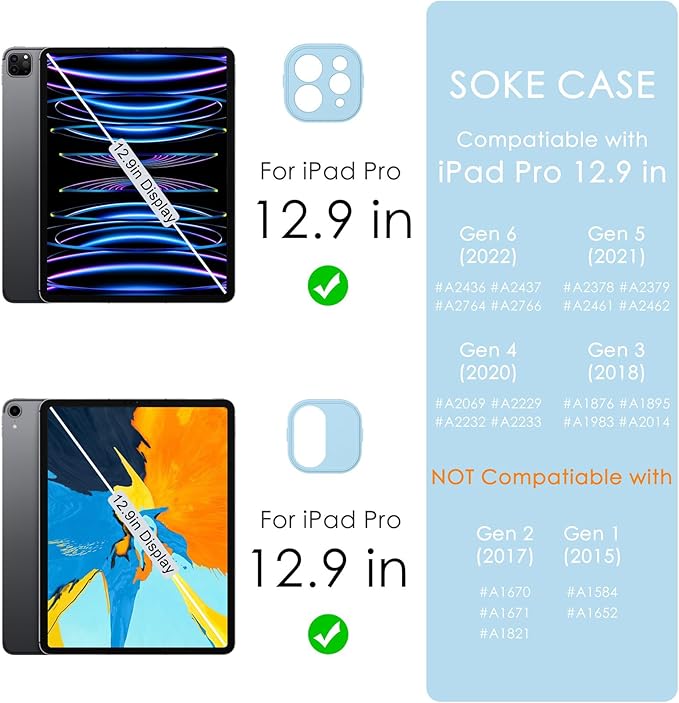 Soke Case for iPad Pro 12.9 Inch (6th/5th/4th/3rd Generation, 2022/2021/2020/2018) - Pencil Holder + Auto Sleep/Wake + Camera Protection, Transparent Shockproof Back Cover,Sky Blue