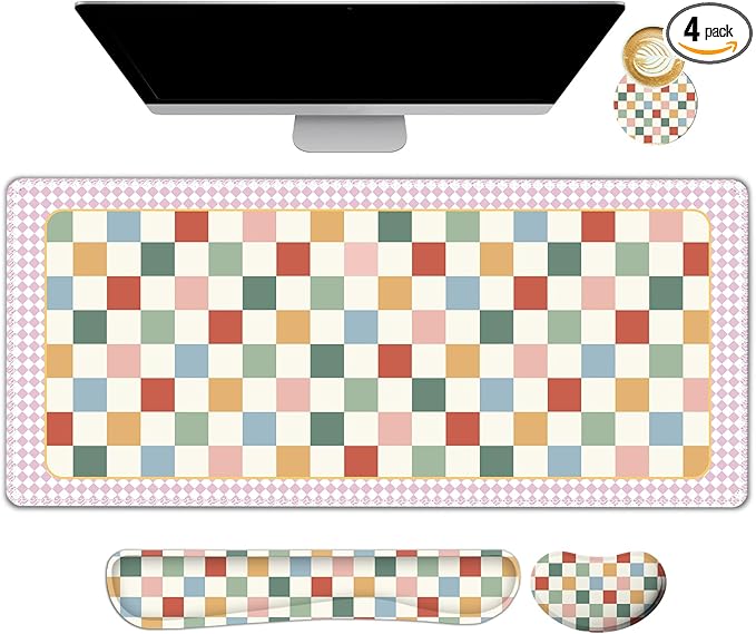 Vintage Macaron Checker Mouse Pad Set, 4 in1 Ergonomics Keyboard Desk Mat with Memory Foam Wrist Rest, Extended Game Mousepad, Large Gaming Non-Slip Desk Pad Matt Easy Typing Pain Relief