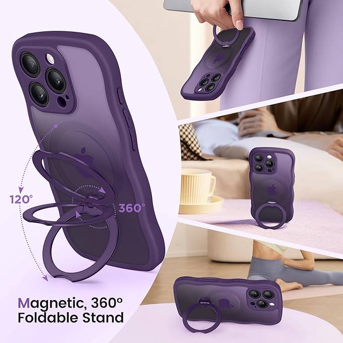 CAPRARO for iPhone 16 Pro Case with 360° Spin Magnetic Stand for Women, [Compatible with MagSafe] [Full Camera Protection] Cute Wave Translucent Matte Case for iPhone 16 Pro, Deep Purple