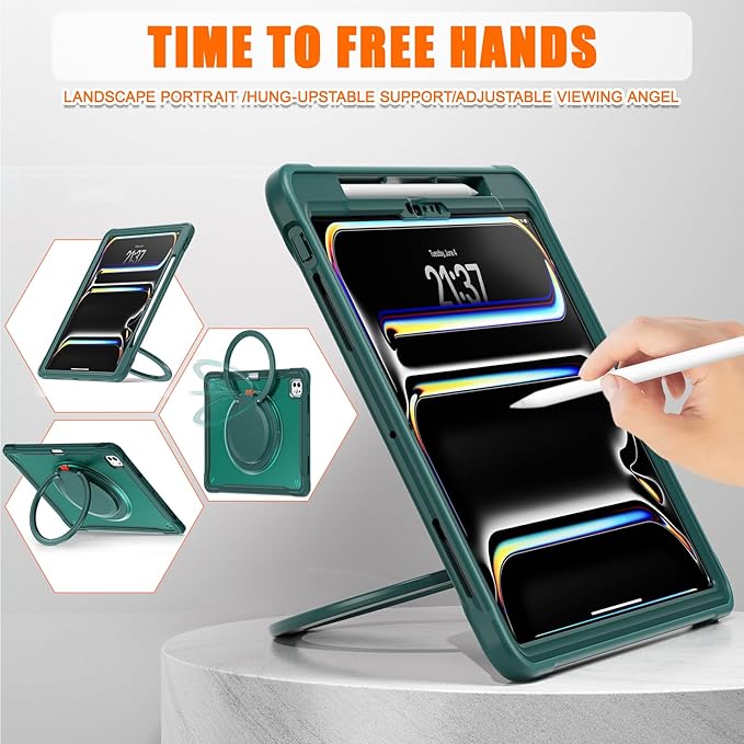 Batianda for iPad Pro 11 inch Case 2025 M5 2024 M4 Chip Lightweight Dual-Layer Protective Tablet Cover, Durable Shock-Absorbing Corners with 360° Rotating Kickstand Ring Built-in Pen Slot, Teal