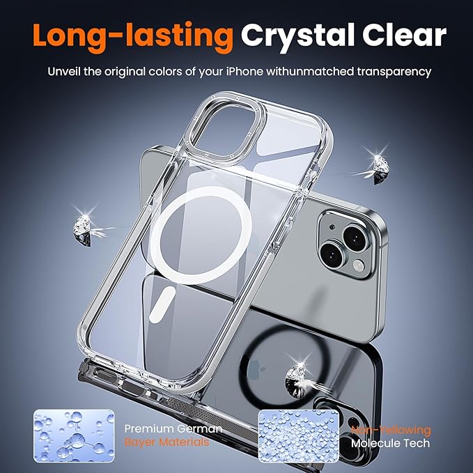 toushion 3 in 1 for iPhone 15 Case Clear with MagSafe, Yellowing-Resistant Acrylic Back, Shockproof Guard Corners, Military-Grade Protection for iPhone 15 Phone Case 6.1 inch Clear Bumper