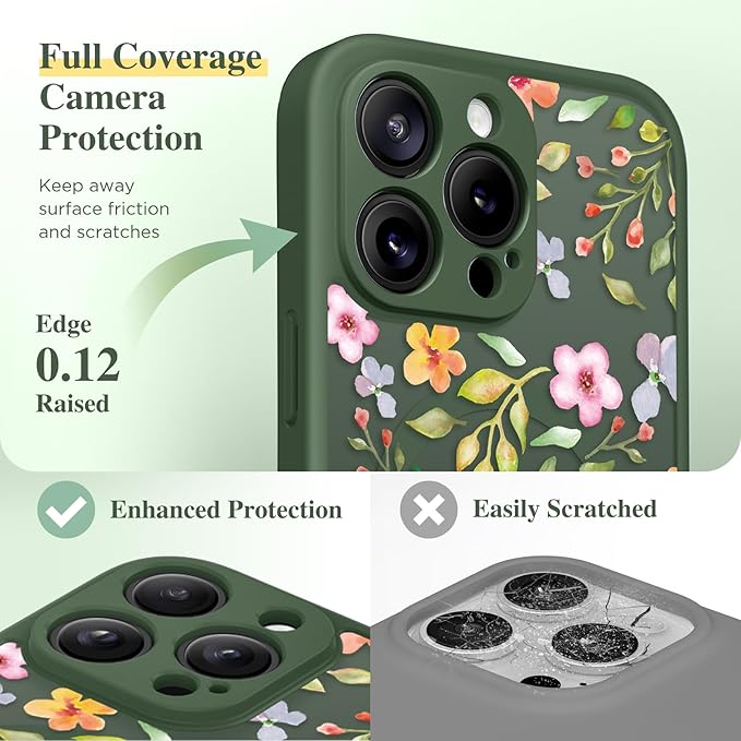 GVIEWIN for iPhone 16 Pro Case Compatible with MagSafe, [Military Grade Protection] [Screen Protector] Full Camera Protection Floral Translucent Women Magnetic Phone Case, Watercolor/Forest Green