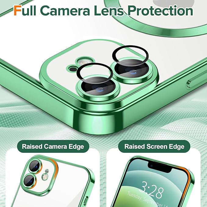 Hython Magnetic Clear for iPhone 12 Case with Camera Lens Protector [Compatible with MagSafe] Luxury Plating Edge Slim Soft TPU Cover Protective Phone Case for iPhone 12 6.1", Light Green