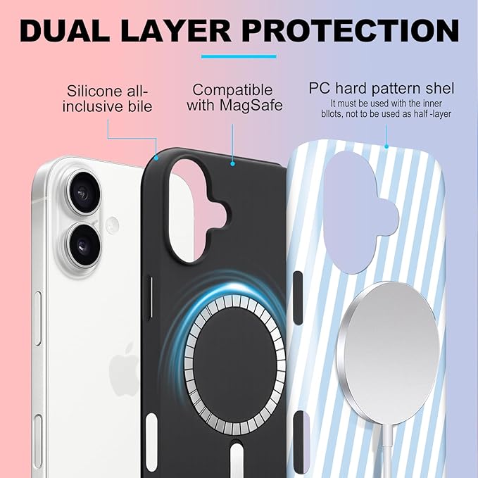 Magnetic for iPhone 16 Case Cute Diagonal Stripes Phone Case, Shockproof Slim TPU and Hard PC Protective Phone Cover Compatible with MagSafe Designed for Women Girls,Blue
