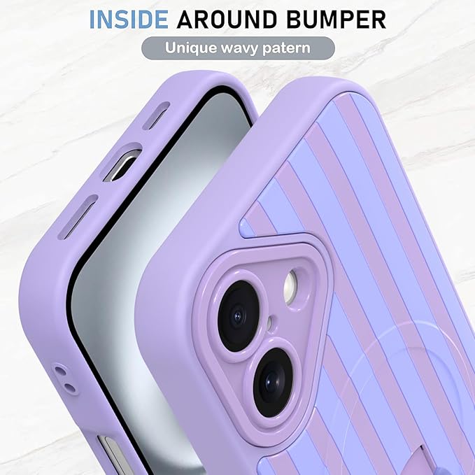 KANGHAR Compatible with iPhone 16 Case, Support for MagSafe, Silicone Stripes Cute Pattern, Wristband Kickstand Camera Protection Soft Slim Cover for Girls Women -Purple