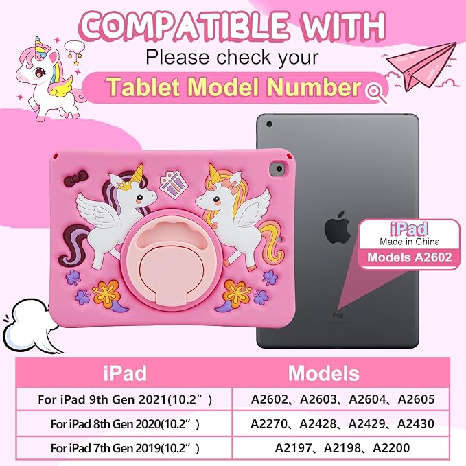 HianDier for iPad 9th Generation Case/iPad 8th Generation Case/iPad 7th Generation Case Cute Unicorn Silicone Tablet Cover with Detachable Strap and Rotatable Stand Shockproof Cover-Rose Pink