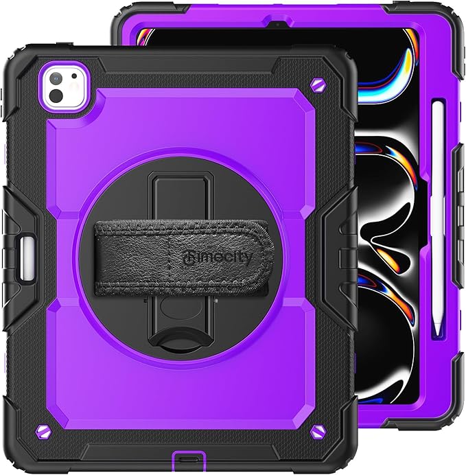 timecity Case for iPad Pro 13 Inch M5 2025 / M4 2024, 360° Rotating Stand, Pencil Holder & Wireless Charging, Shockproof with Screen Protector & Shoulder Strap - for Designers & Professionals, Purple