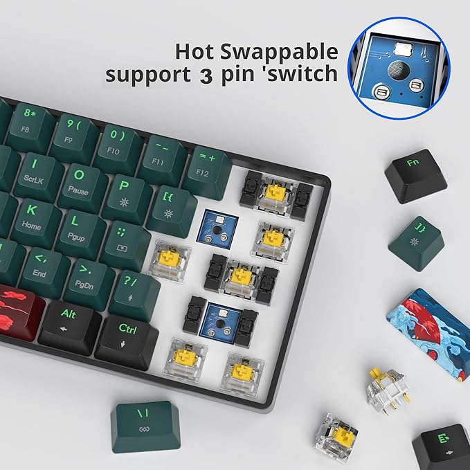 Fogruaden Wireless Gaming Keyboard, 60% Percent Mechanical Keyboard Wireless, Hot-Swappable Yellow Switch, RGB Wired/Bluetooth Keyboards for Win/Mac, 61 Keys NKRO (Soundwave)