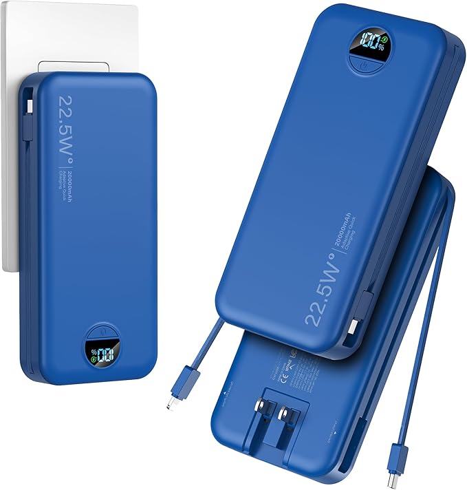 20000mAh Ultra-Portable-Charger-Power-Bank with Built in Cables&AC Wall Plug,PD20W USB-C Fast Charging Cell Phone Charger Battery Pack,LED Display Travel Battery Bank for All iPhone,Samsung,Android