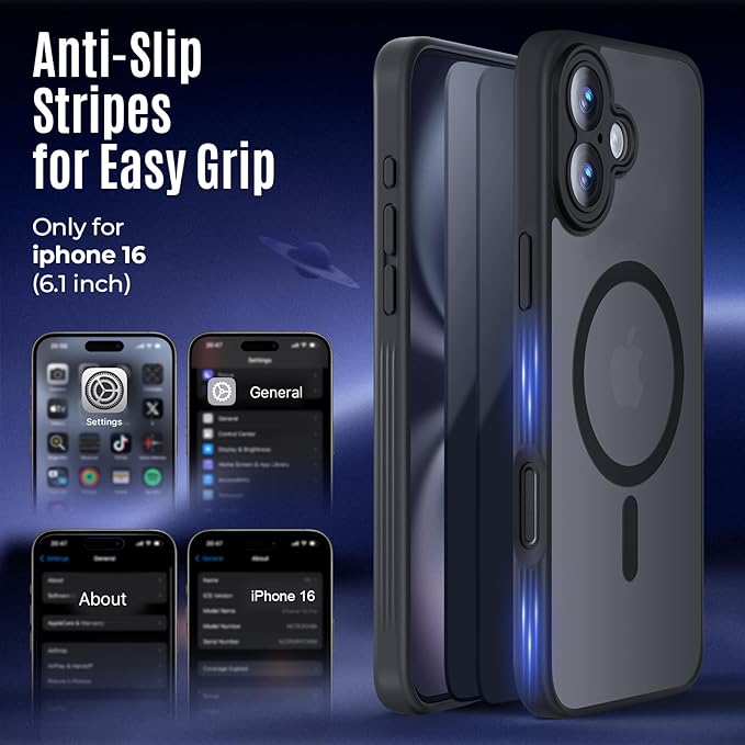 Symcele Designed for iPhone 16 Case, Compatible with MagSafe, with Privacy Screen Protectors X2, [Camera Protection] [15FT Military Drop Protection] Shockproof Phone Case, 6.1", Black
