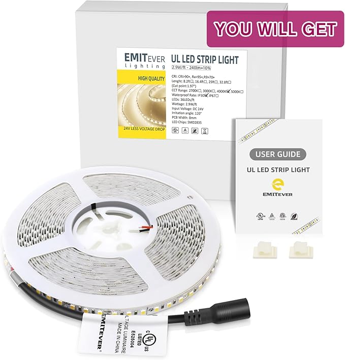 EMITEVER LED Strip Lights Neutral White, 4000K 24V LED Tape Light 32.8FT UL Listed, Ra 95+, IP30, 2.9W/ft, 240+Lumens/ft, 1200LEDS/Spool (Power Supply Sold Separately)