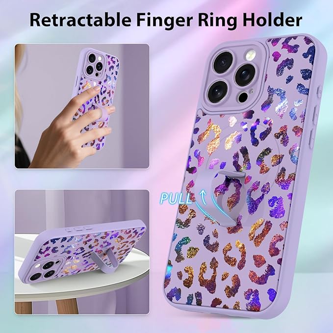 KANGHAR Compatible with iPhone 16 Pro Case, Support for MagSafe, Silicone Cute Iridescent Leopard Cheetah Pattern, Wristband Kickstand Shockproof Protective Slim Cover for Women Girls, Purple