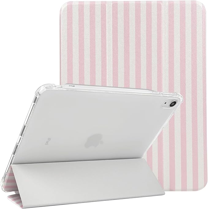 Lovmooful Compatible for iPad Air 6th 11-inch M2 (2024),iPad Air 5/4 (2022/2020 5th/4th Generation 10.9-Inch) Case with Pencil Holder Cute Striped Design Soft TPU Trifold Stand Protective-Pink&White