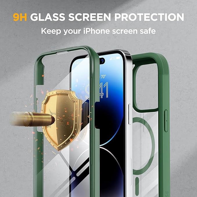 Miracase Magnetic for iPhone 14 Pro Case 6.1 inch, (Compatible with MagSafe) Upgrade Full-Body Clear Phone Bumper Case with Built-in 9H Tempered Glass Screen Protector, Magnetic Acacia Green