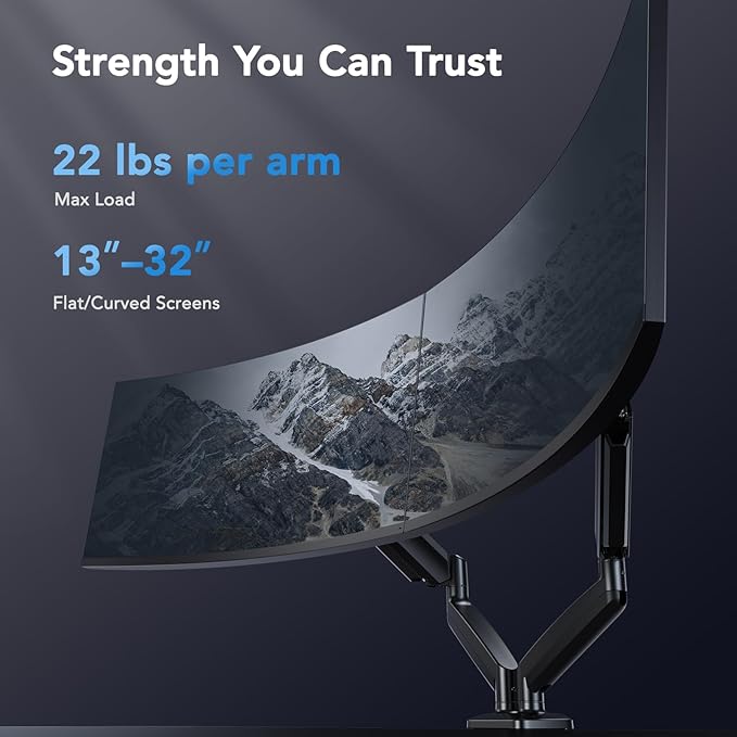 HUANUO Dual Monitor Mount, Mounts 2 Screens Up to 32 Inch, Holds 22 lbs per Arm, Dual Monitor Stand with Excellent Design, Height-Adjustable, Tilt, Swivel & Rotate, VESA Standard 75mm or 100mm