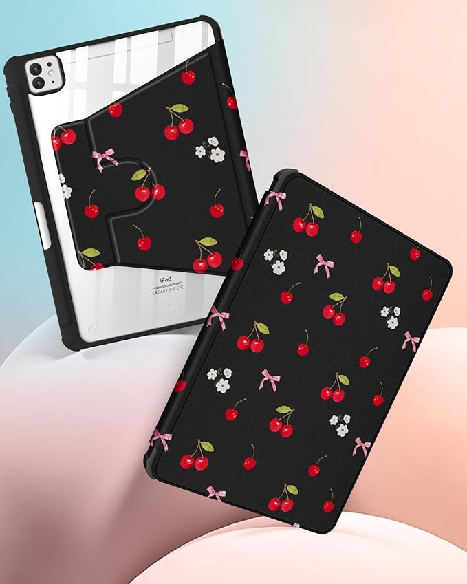 Uppuppy for iPad Pro M4/M5 Case 13 inch - 360 Degree Rotating Stand Folio Smart Cover with Pencil Holder for Women Girls, Cherry and Bow Flowers for iPad Pro 13 inch Case 2024 M4/2025 M5