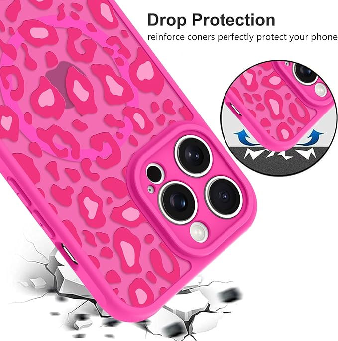KANGHAR Case for iPhone 12 Pro Max Hot Pink Leopard Printed Pattern Cute Cheetah [Compatible with Magsafe] Protective Magnetic Case for Girls Women 6.7"