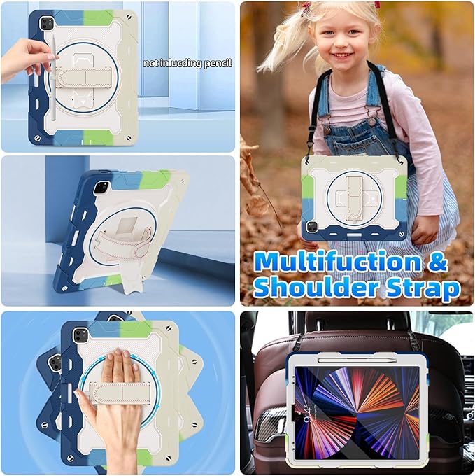 for iPad Pro 12.9 inch Case (6th/5th/4th/3rd Gen),Not fit iPad 12.9 2nd/1st Gen with Screen Protector for Kids with 360 Kickstand Hand Strap Pencil Holder [15ft Drop Protection]