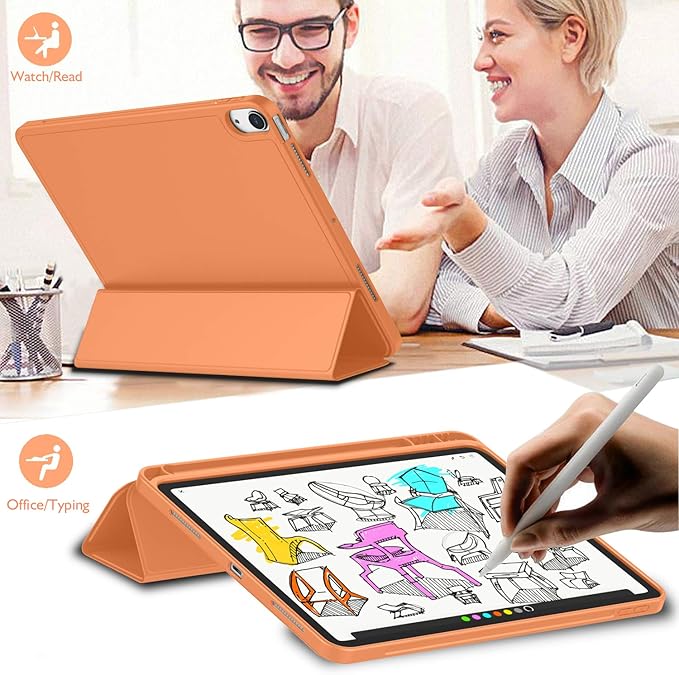 iMieet iPad Air 11 Inch Case M4/M3/M2(2026/2025/2024), iPad Air 5th/4th Generation Case 2022/2020 10.9 Inch with Pencil Holder,Trifold Stand Smart Case with Soft TPU Back(Orange)
