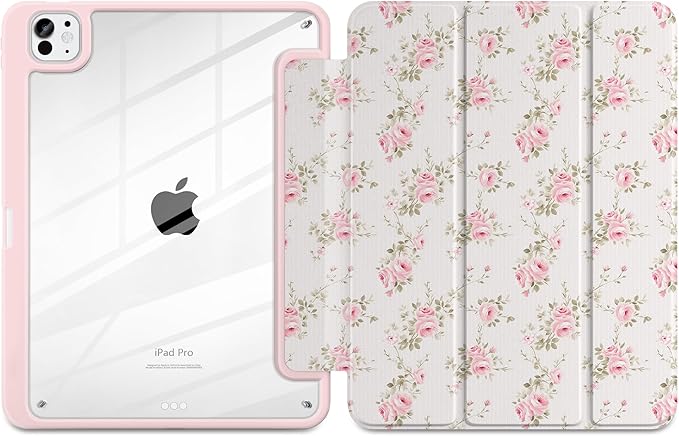 Case for iPad Pro 13 Inch (M5 2025 M4 2024) – [Built-in Pencil Holder], Shockproof & Stylish, Clear Hard Back + Soft TPU Edge, Magnetic Trifold Stand, Auto Wake/Sleep, Little Rose