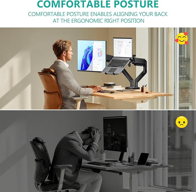 WALI Laptop Desk Mount, Dual Monitor Arm with Laptop Holder, Adjustable Height Laptop Arm Mount for Desk, Fits 17” Notebook and 32” Monitors, Up to 22Lbs (GSMP002LP), Black
