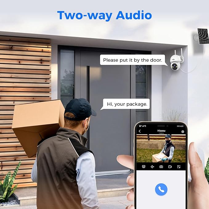 Hiseeu Solar Wireless Security Camera, 2.4G WiFi, Full HD Night Vision, Pan-Tilt Control, Smart Motion Detection, Two-Way Audio, IP66 Waterproof, 100% Wireless Camera Ideal for Home & Business