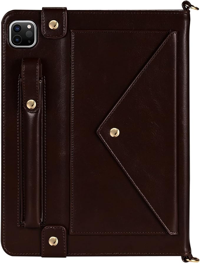 Handbag Case for iPad Pro 11" 2022/2021/2020 & iPad Air 11" M3 M2, Techcircle Folio Stand PU Leather Hand Strap Protective Cover, Crossbody Pencil Holder Card Slots Wallet Case, Dark Brown