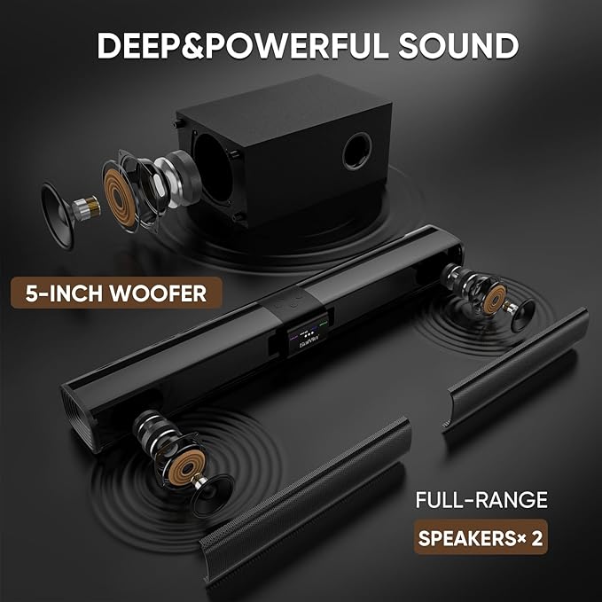 Saiyin Sound Bar for Smart TV with 5.25 Inch Subwoofer, 100W 24 Inch Soundbar for TV, TV Soundbar with Optical, ARC, AUX and Bluetooth 5.3 Inputs, Detachable Surround Sound System for TV