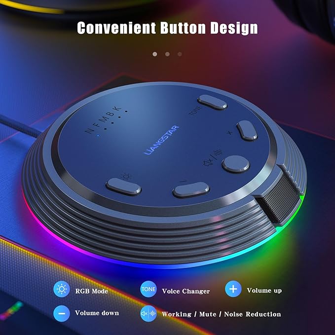 LIANGSTAR Gaming USB Microphone with AI Noise Cancellation, 5 Voice Changes, Mute, Volume Control, RGB Light Condenser Computer Microphone for PC Gamer, YouTube, Streaming, Conference