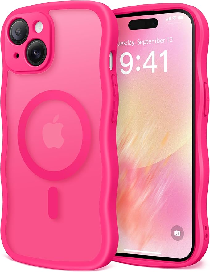 CAPRARO Cute for iPhone 15 Case, Compatible with MagSafe, [Curly Wave Edge] [Full Camera Protection] [14 FT Drop Protection] Magnetic Phone Case for 15 6.1 Inch, Hot Pink