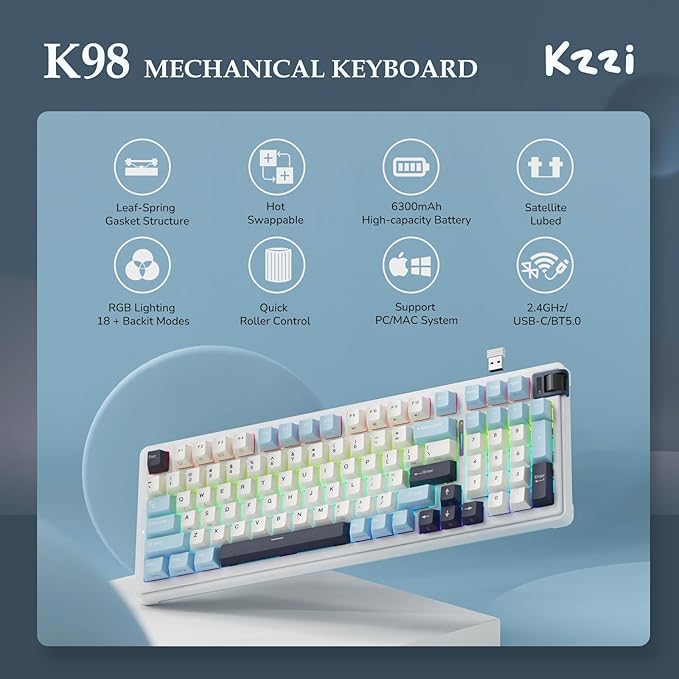 KZZI K98 Wireless Mechanical Keyboard with Number Pad & Volume Knob, Triple Mode BT/2.4G/USB-C Gaming Keyboard, Gasket Mount, PBT Keycaps, Hot Swappable, Creamy Sounding