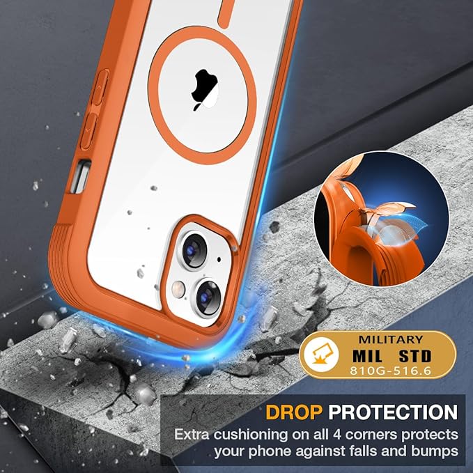 Miracase for iPhone 13 Case 6.1'',Full-Body Magnetic Clear Bumper Case with Built-in 9H Tempered Glass Screen Protector,Military Drop Protection Outdoor Phone Case,Orange
