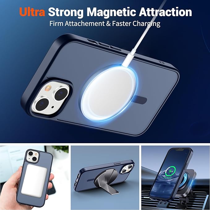 SUPFINE Magnetic for iPhone 14 Case & iPhone 13 Case (Compatible with MagSafe)(Military Grade Drop Protection) Translucent Matte Shockproof Phone Cover,Dark Blue