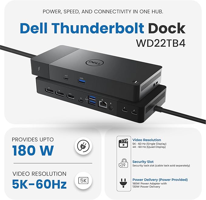 Dell WD22TB4 Thunderbolt 4 Dock 180W - 40Gbps, 3-Year Warranty, USB-C/USB-A Dell Docking Station with 180W Adapter + Techtray Cables & Cloth - Supports Dual/Triple Monitor & 4K Displays (New)