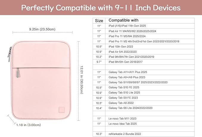 Dadanism 9-11 Inch Tablet Sleeve Padded Carrying Case for iPad (A16) 11th Gen 11", iPad 10th Gen 10.9", iPad Air M4/Pro M5 11", iPad Air 5/4, iPad 9/8/7th Gen, Galaxy Tab A11+ Plus 11",Pink