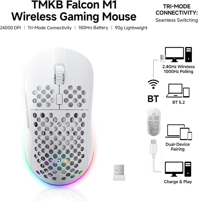 TMKB Wireless Gaming Mouse, 24000DPI Optical Sensor, 180Hrs Battery, Lightweight, 6 Programmable Buttons, RGB Strip, 2.4G/BT5.2/USB-C Wired for PC/Mac/Laptop - Matte White