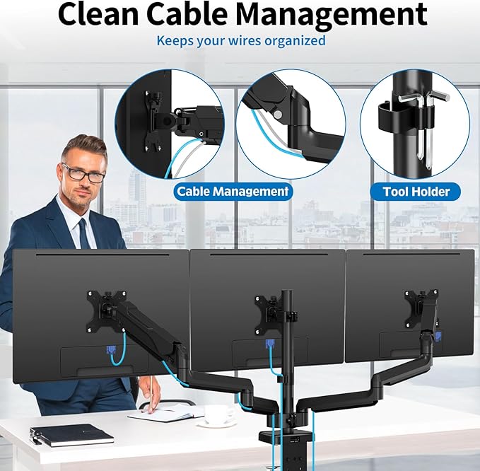 Triple Monitor Desk Mount for Computer Screens up to 32", Holds up to 19.8 lbs Each, 3 Monitor Arm, Heavy Duty Stand Vesa Mount 75x75, 100x100