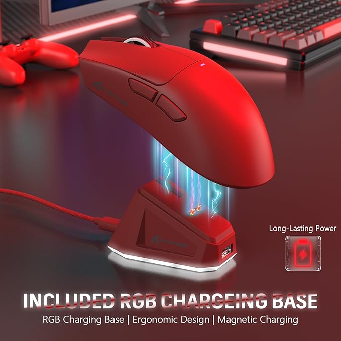 MAGIC-REFINER Attack Shark X11 59g Superlight Wireless Gaming Mouse with Magnetic RGB Charging Dock，BT/2.4G Wireless/Wired Mouse, 22000 DPI，5 Programmable Buttons for PC/Laptop/Mac（Red）