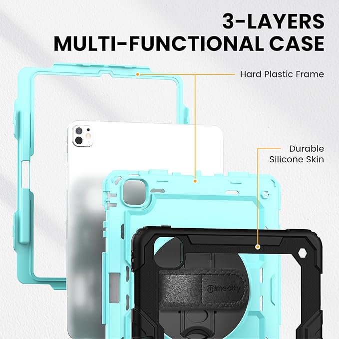 timecity Case for iPad Pro 13 Inch M5 2025 / M4 2024, 360° Rotating Stand, Pencil Holder & Wireless Charging, Shockproof with Screen Protector & Shoulder Strap - for Designers & Professionals, Blue