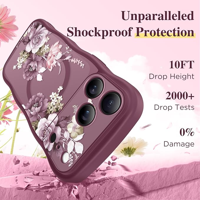 GVIEWIN for iPhone 17 Pro Case Compatible with MagSafe [Curly Wave Edge][Full Camera Protection]Floral Translucent Shockproof Magnetic Women Phone Case for iPhone 17 Pro 6.3'',Cherry Blossoms/Burgundy