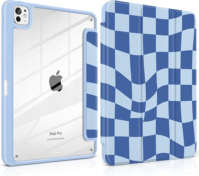 TWOLSKOO Case for iPad Pro 11-inch (M5 2025 / M4 2024), Clear Acrylic Back with TPU Bumper, Pencil Holder, Trifold Stand, Auto Sleep/Wake, Blue Wavy Checker