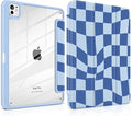TWOLSKOO Case for iPad Pro 11-inch (M5 2025 / M4 2024), Clear Acrylic Back with TPU Bumper, Pencil Holder, Trifold Stand, Auto Sleep/Wake, Blue Wavy Checker