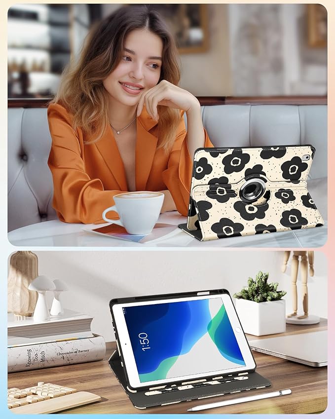 Kidcube for iPad Air 3rd Generation Case/Pro 10.5 Inch Case - Women Girls Cute Rotating Stand Folio Cover with Pencil Holder & Card Slot Black Flowers Floral Design Cover for iPad Pro 10.5''/Air 3rd