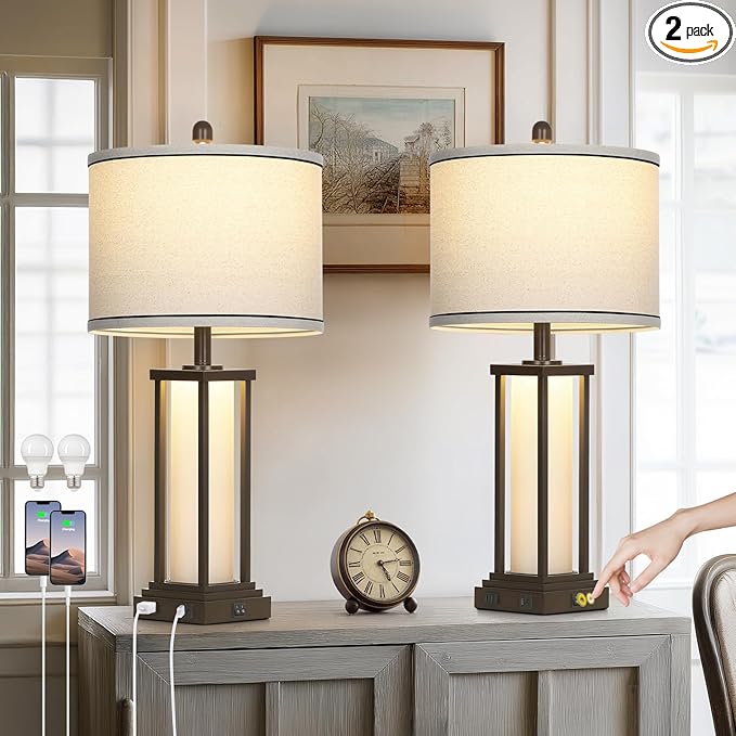 27in Tall Farmhouse Table Lamp Set of 2 with USB C+A & Outlet,Brown Industrial End Table Lamp for Living Room,Vintage Rustic Bedside Lamps with Night Light for Bedroom Nightstand,Brown