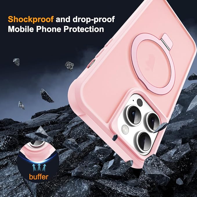 SKYLMW Compatible with iPhone 12 Pro Max Case & iPhone 13 Pro Max Case with Invisible Magnetic O-Ring Stand Translucent Phone Cases 6.7" [Compatible with Mag-Safe][Great Grip Feeling], Pink