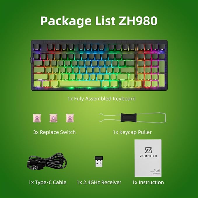 ZORNHER ZH980 Mechanical Keyboard Wireless,95% Green Creamy Keyboard with Number Pad,Gaming Keyboard with Number Pad,Lighted Up PBT Dipped Keycaps,Creamy Sounding Linear Switches
