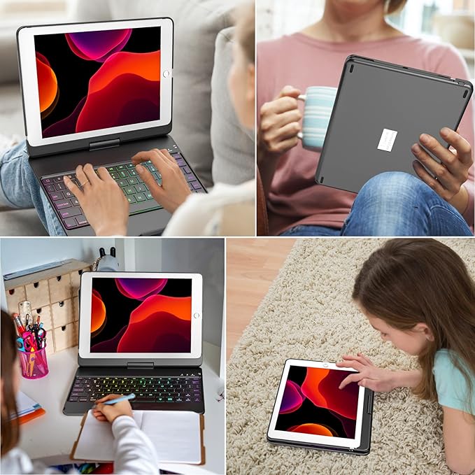 MMK for iPad 6th Generation Case with Keyboard | Compatible with iPad 5th Gen (2017) & iPad Air (1st, 2th Gen | 2013, 2014) & iPad Pro 9.7 inch (2016) | 10 Color Backlight & 360 Rotation-Black