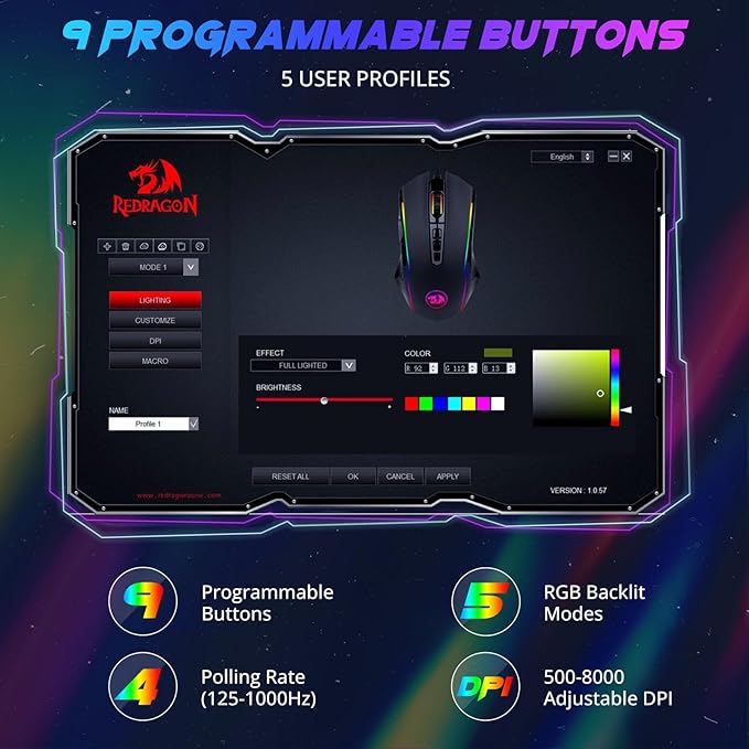 Redragon Gaming Mouse, Wired Gaming Mouse with RGB Backlit, 8000 DPI Adjustable, Mouse with 9 Programmable Macro Buttons & Fire Button, Software Supports DIY Keybinds, M910-K